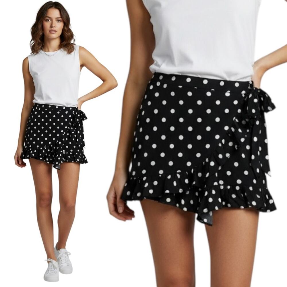 Zara Skort Women's Size XS Black‎ White Polka Dot Ruffle Mini High Waisted
